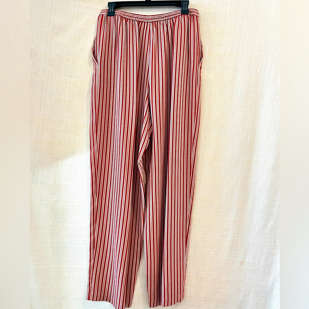 100% Silk Striped High Rise Relaxed Pants Red and Tan Vintage 90s Minimalist - Picture 6 of 16